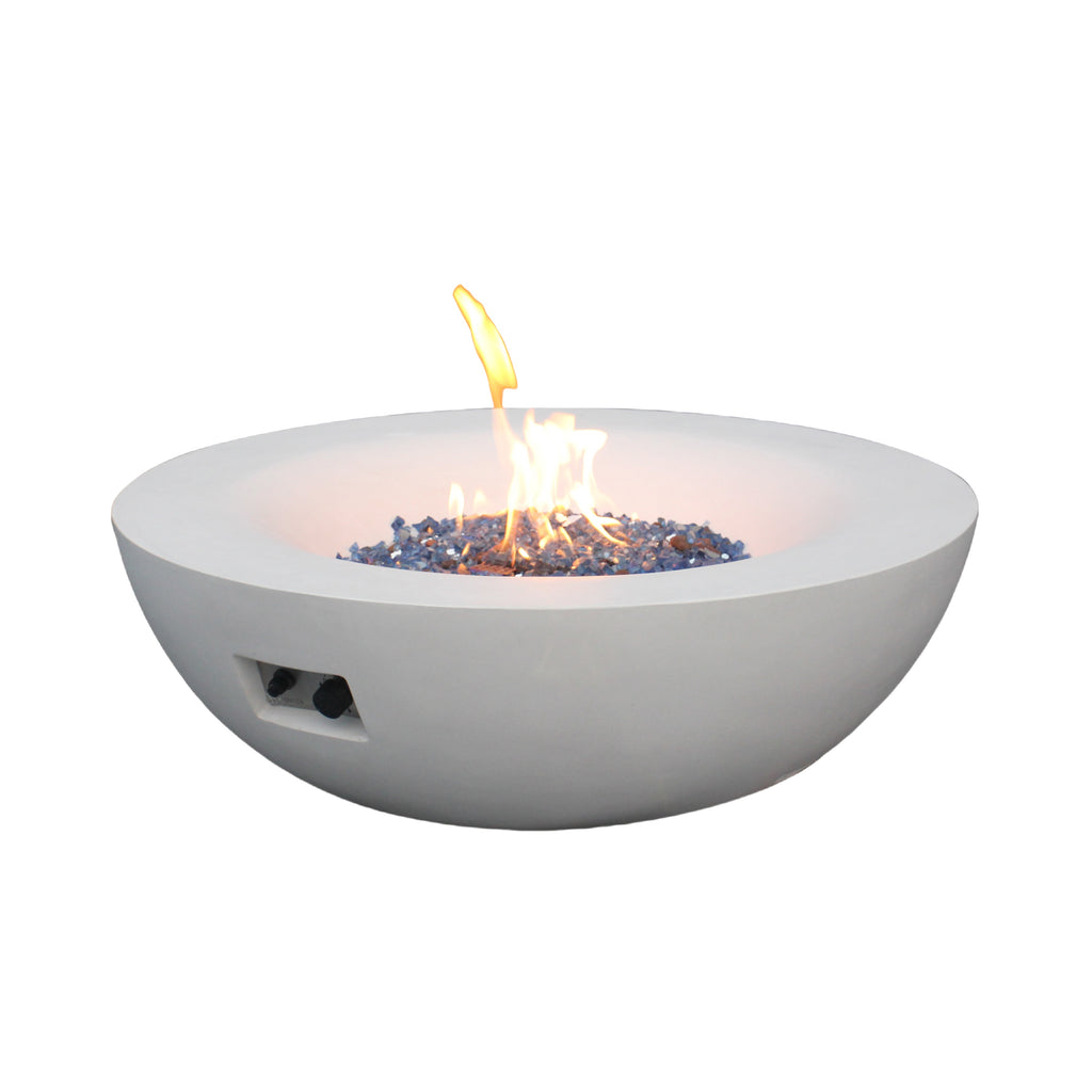 Antique white concrete propane fire pit bowl with flame and side burner vent