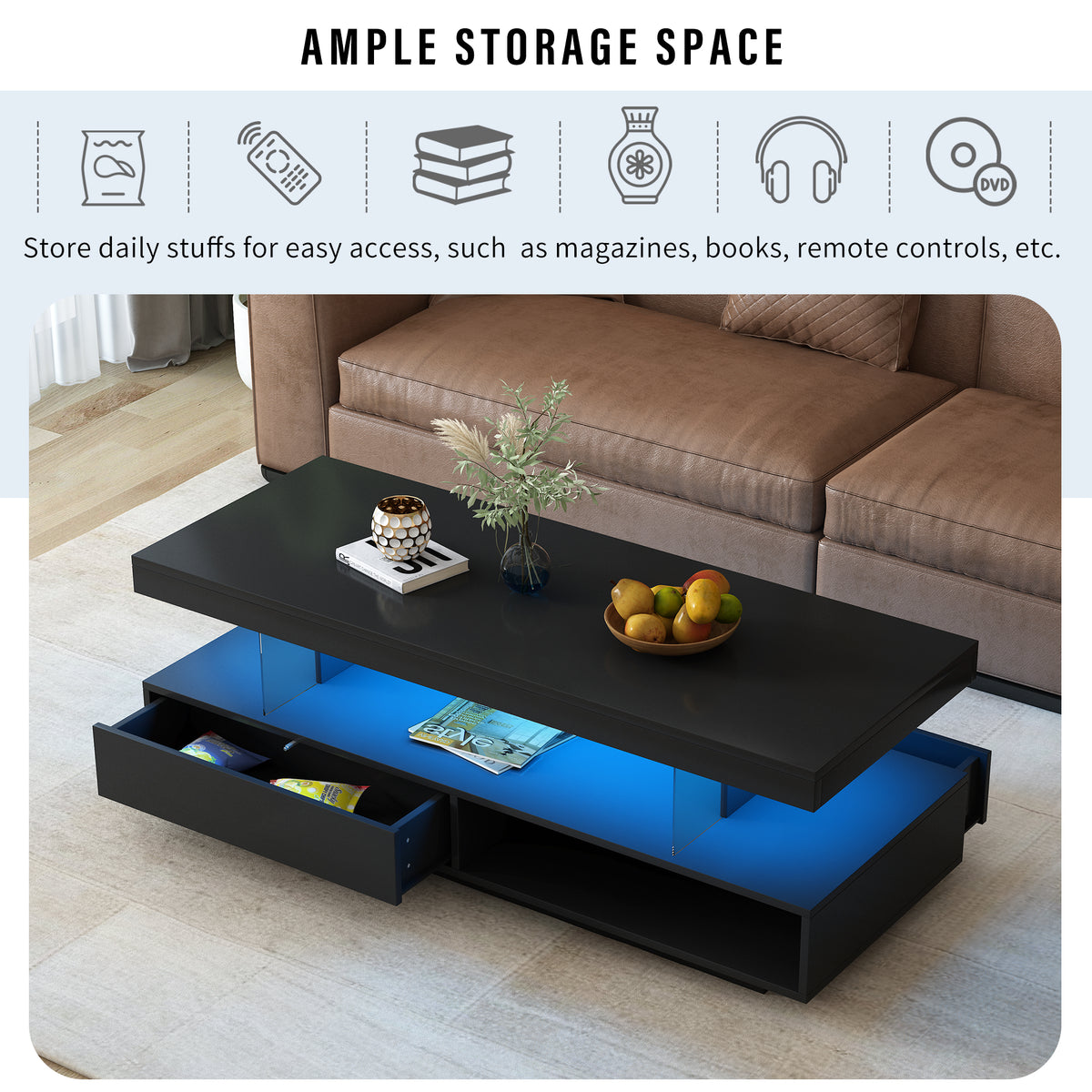 Black LED coffee table with blue-lit storage shelf and two drawers for magazines and remotes