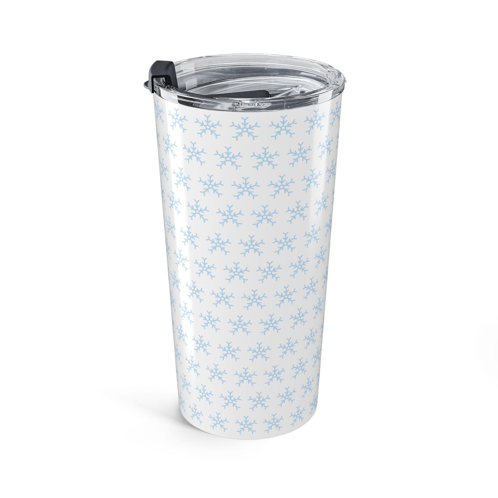 20oz insulated tumbler with clear lid, black latch, and light blue snowflake wrap
