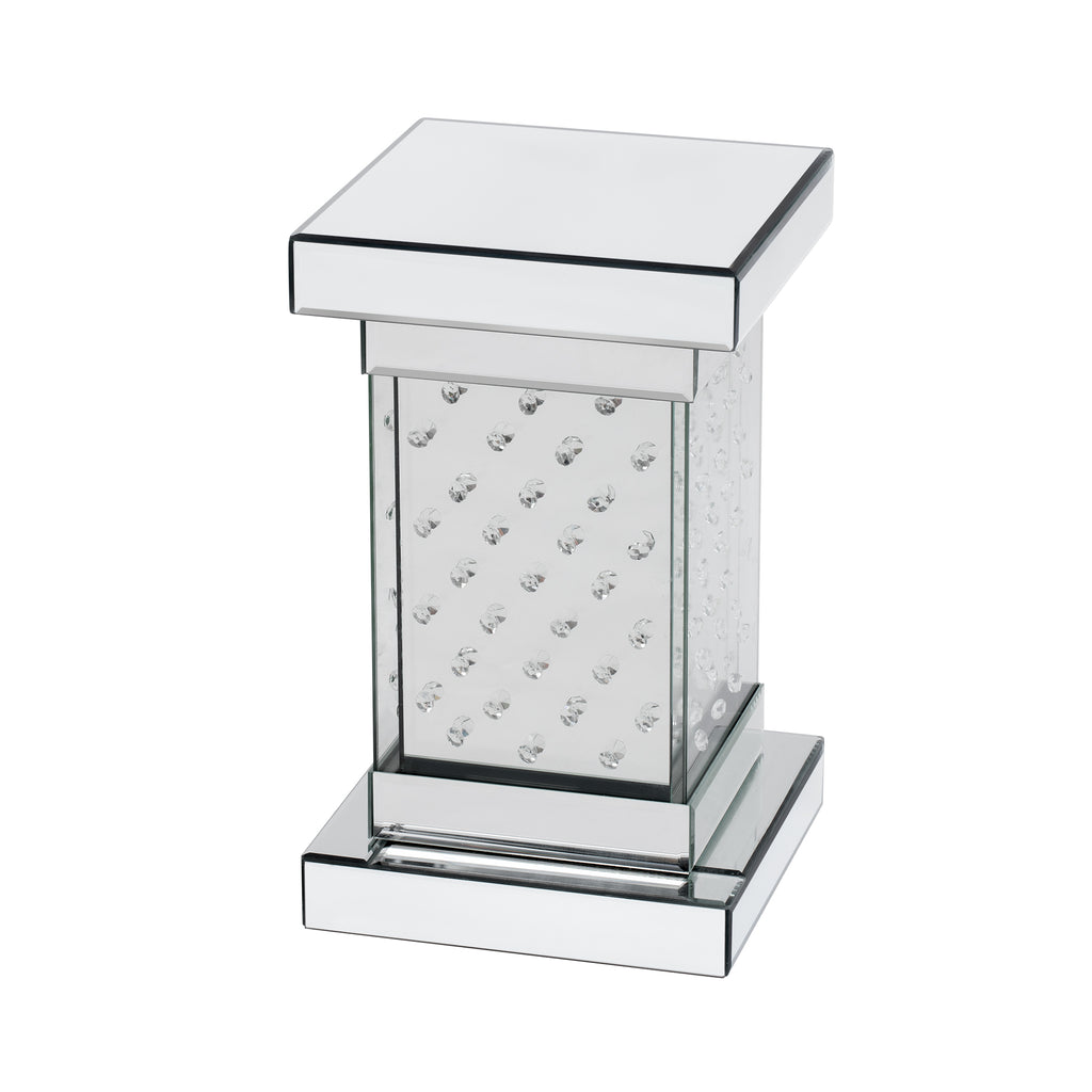 Square mirrored side table with crystal inlaid glass panels, clear glass top, chrome base.