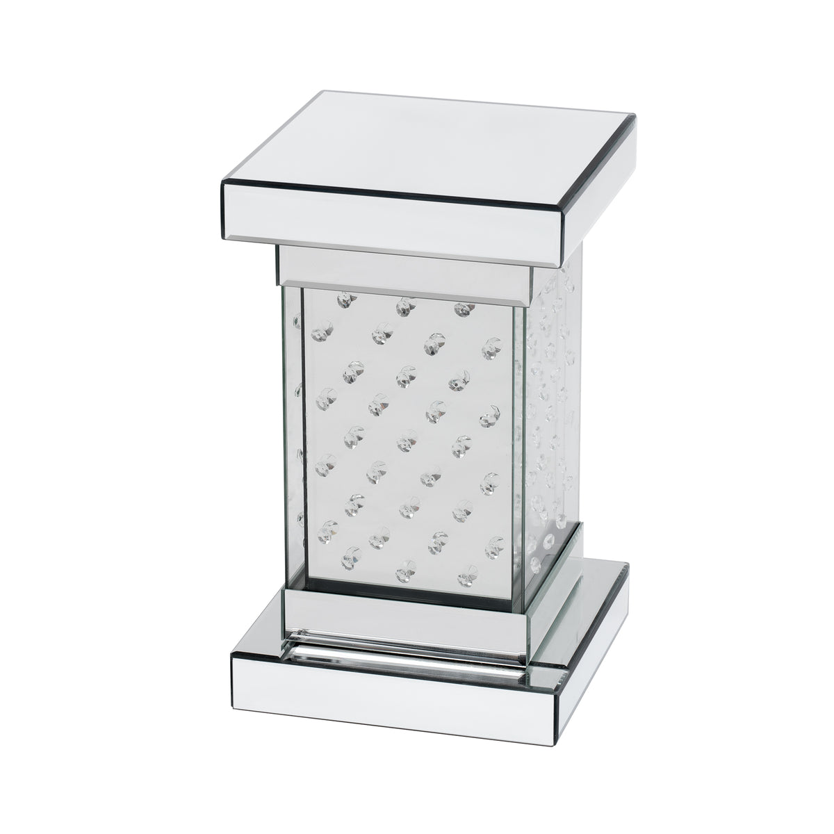 Square mirrored side table with crystal inlaid glass panels, clear glass top, chrome base.