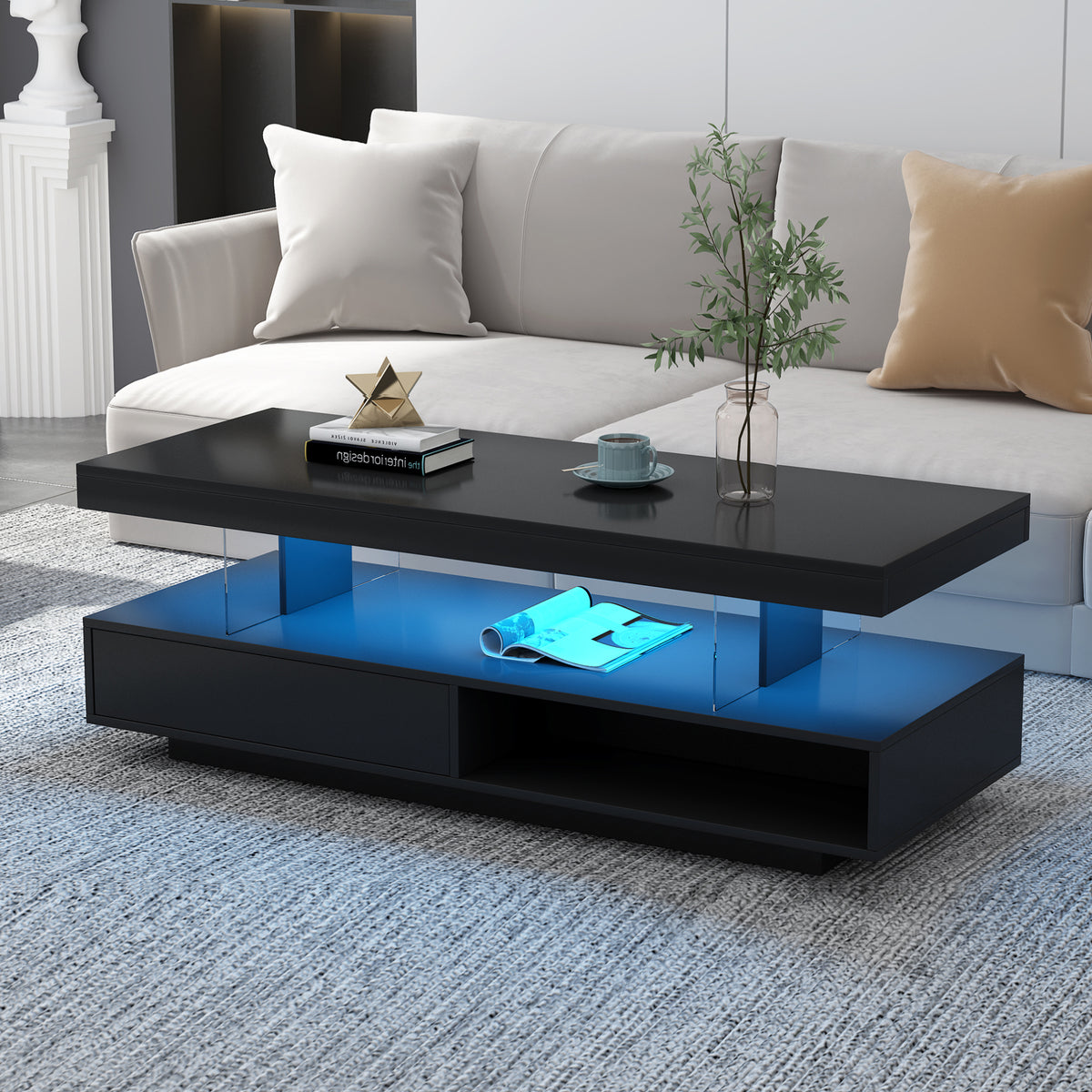 Black LED coffee table with two drawers and open display shelf, glowing light strip.