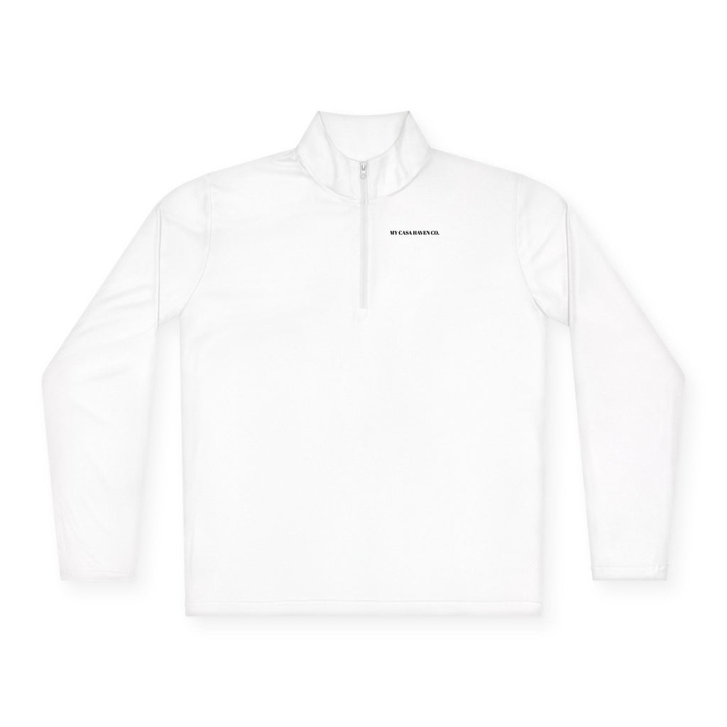 White unisex quarter-zip pullover with stand collar and long sleeves