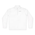 White unisex quarter-zip pullover with stand collar and long sleeves