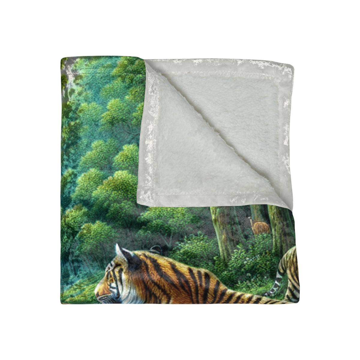 Crushed velvet blanket with jungle tiger print front and plain white reverse