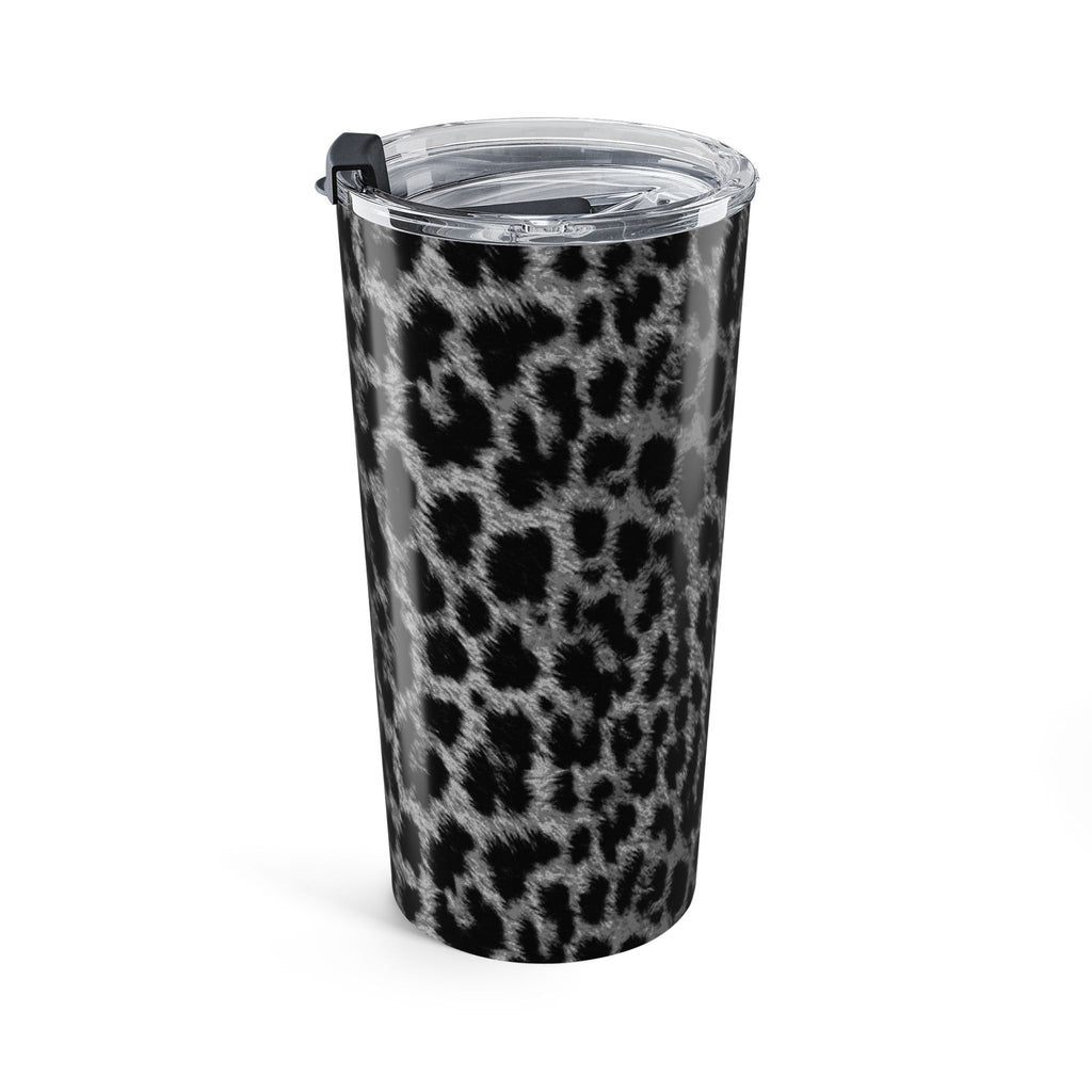 20oz leopard print tumbler with clear lid and black carry clip at top
