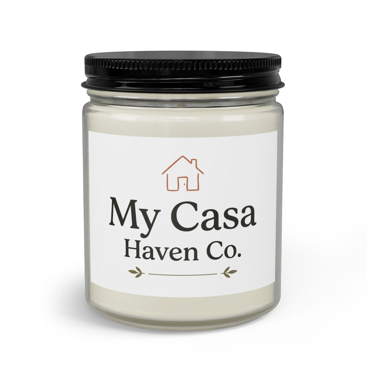Candle jar with black screw top, pale cream wax, glass container and house logo label