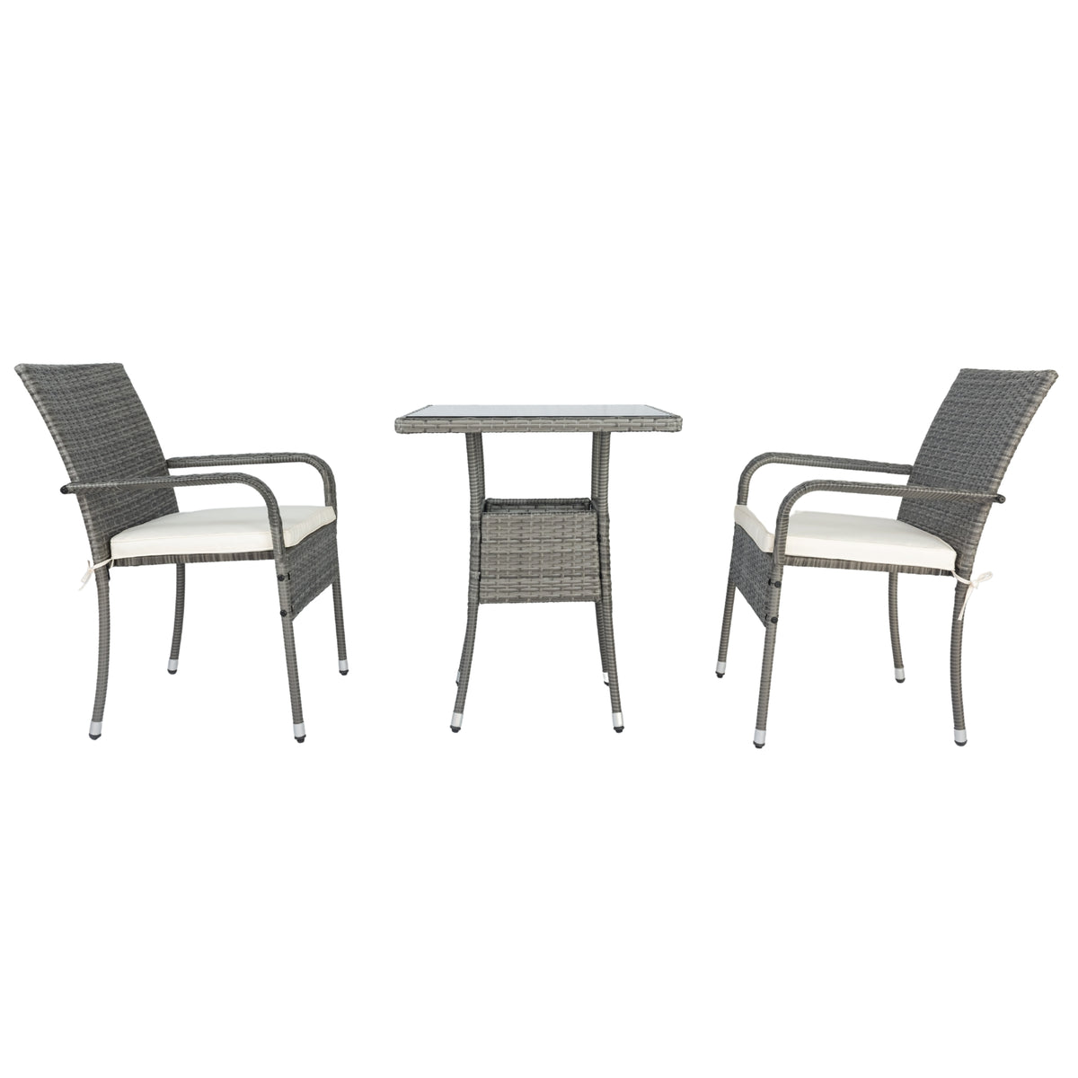 Grey wicker conversation set with two armchairs, white cushions, and glass-top side table