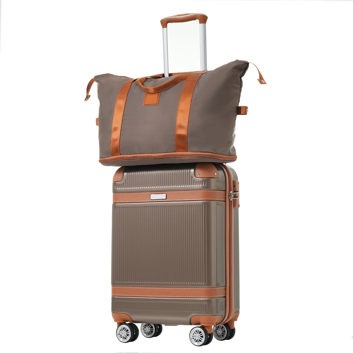 Gray carry-on suitcase with copper trim and upright handle, paired with gray duffle bag