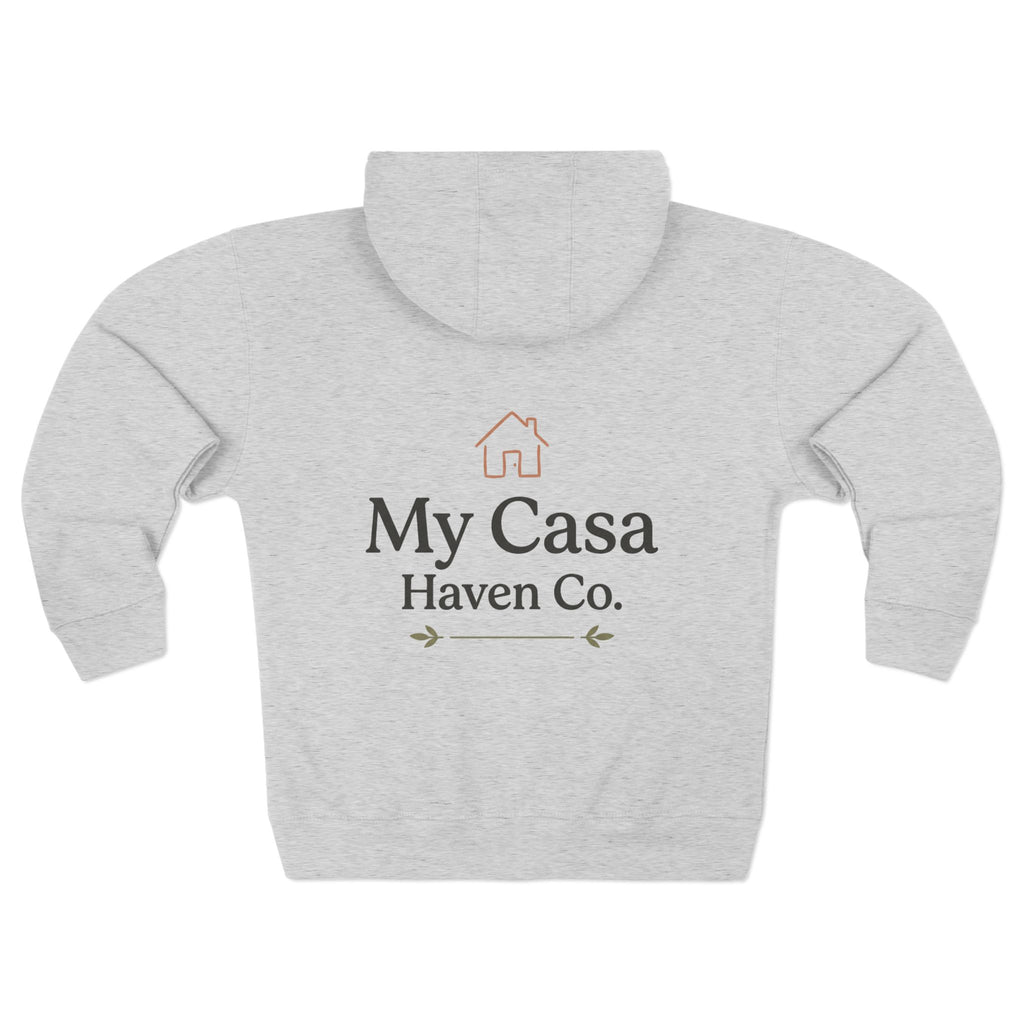 Heather grey zip hoodie with front zipper and 'My Casa Haven Co.' chest graphic