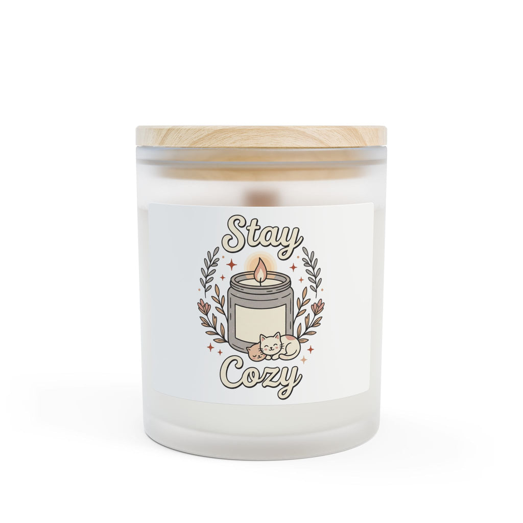 11oz frosted glass candle with bamboo lid, 'Stay Cozy' label