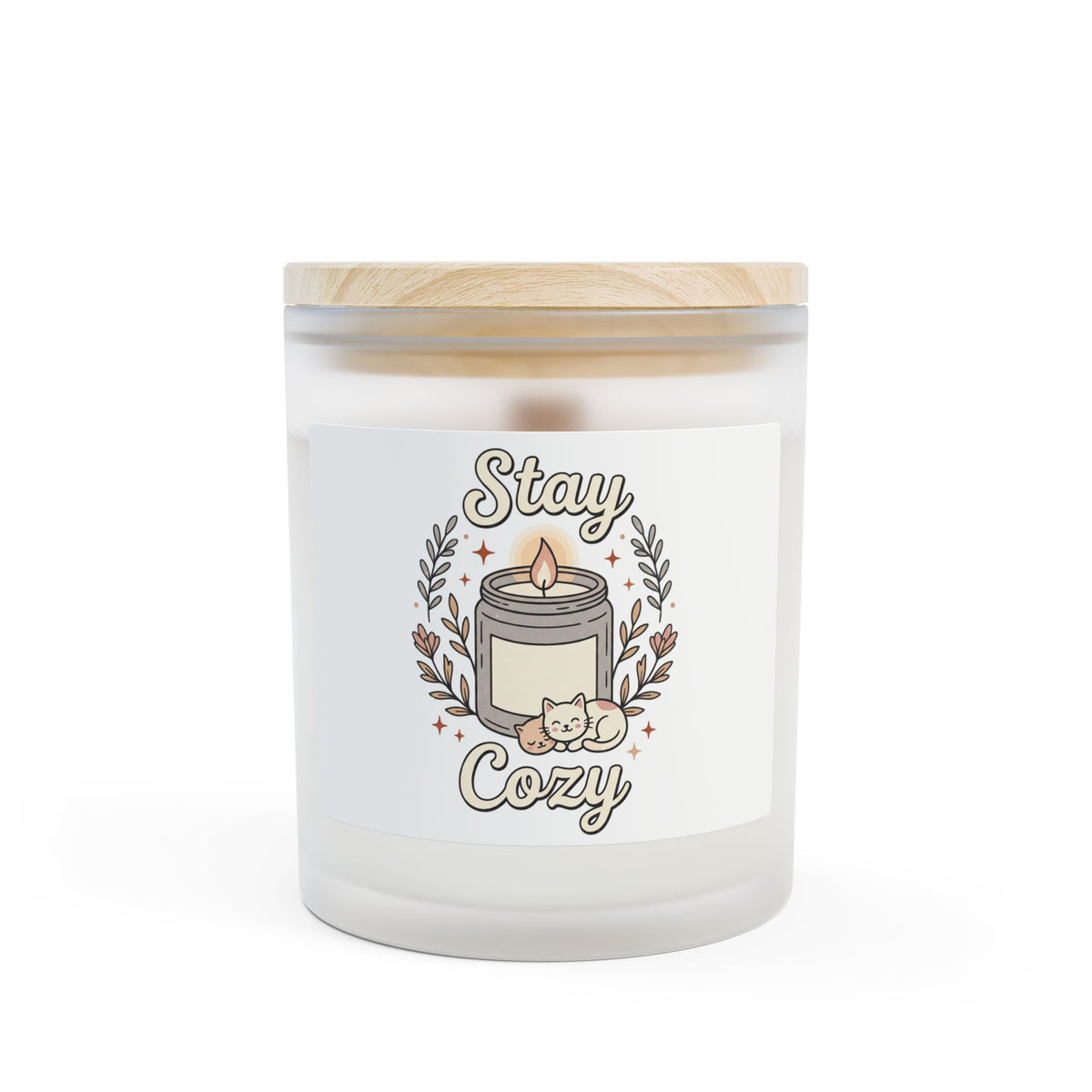 11oz frosted glass candle with bamboo lid, 'Stay Cozy' label