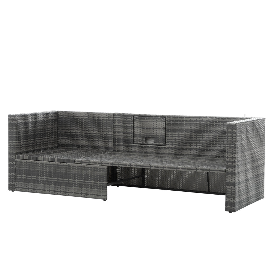 Dark gray PE wicker outdoor sectional sofa with hinged seat storage and arm panels