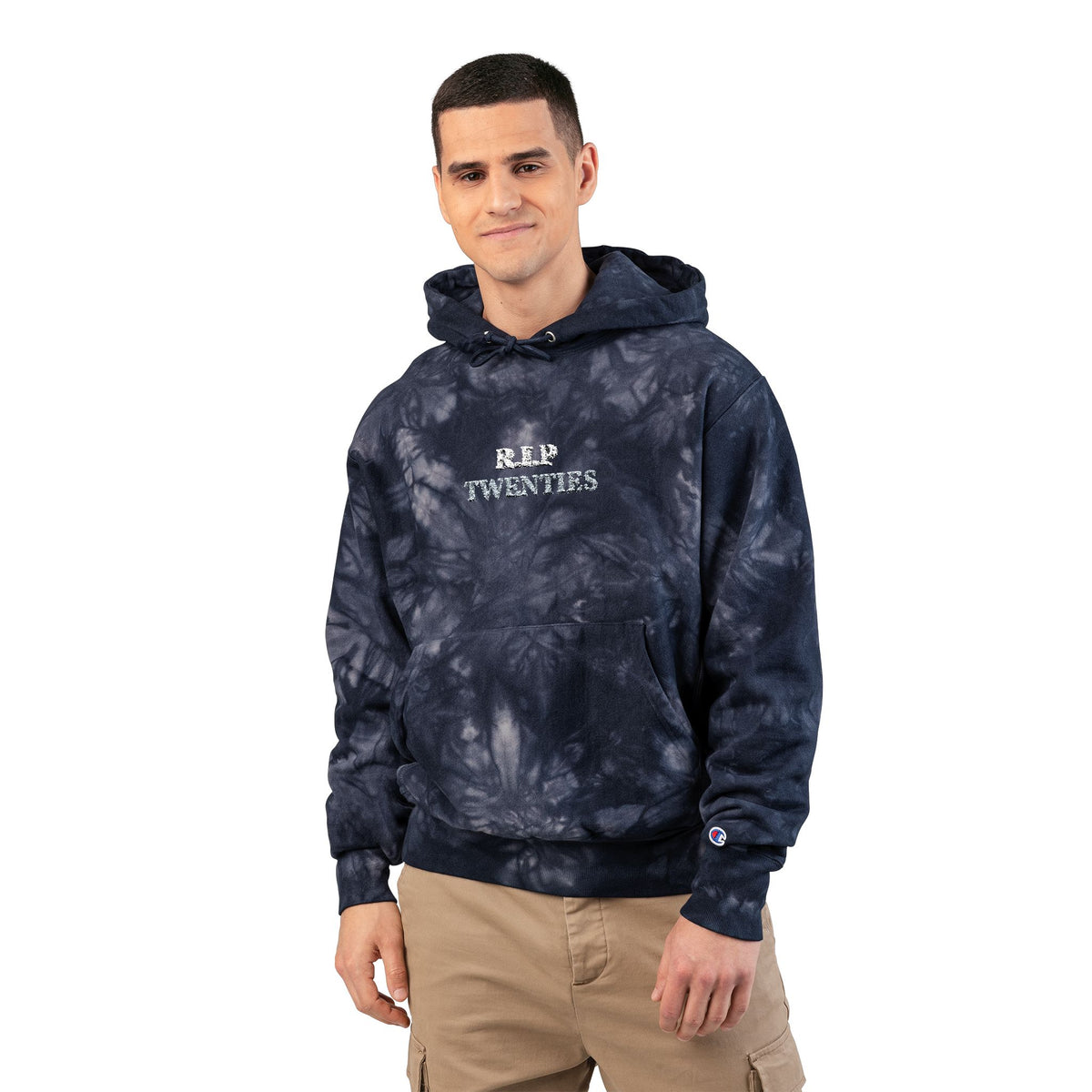 Navy tie-dye hoodie with embroidered front graphic, pouch pocket, drawstring hood