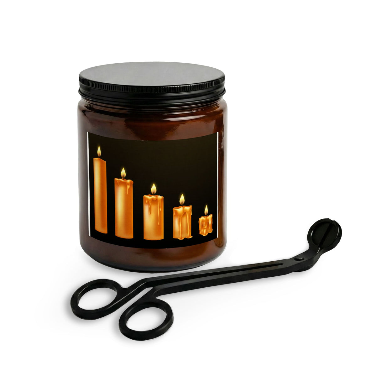 Amber glass candle set with black lid and black wick trimmer, multiple lit candles in wax