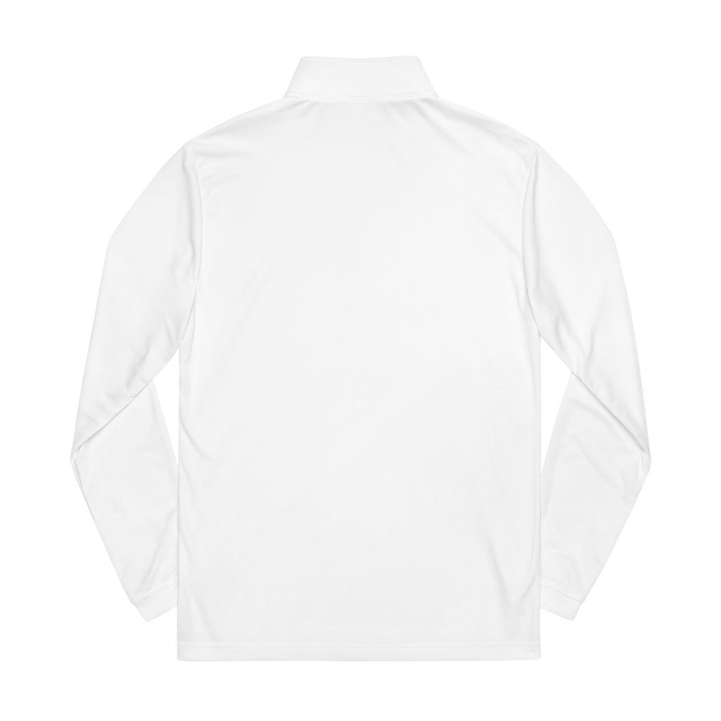 White quarter-zip pullover, back view with stand collar and long sleeves