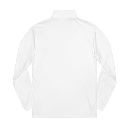 White quarter-zip pullover, back view with stand collar and long sleeves