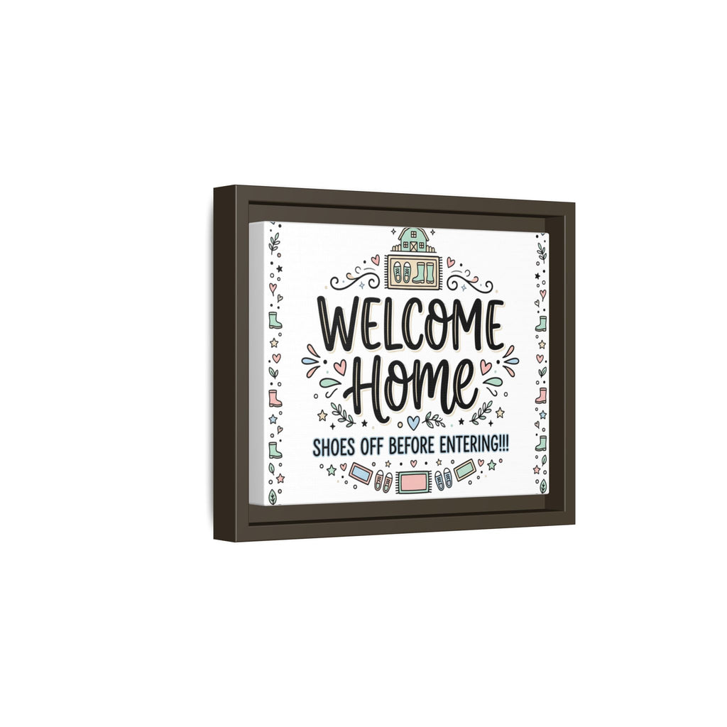 Framed matte canvas wall art with “Welcome Home” lettering and decorative icons