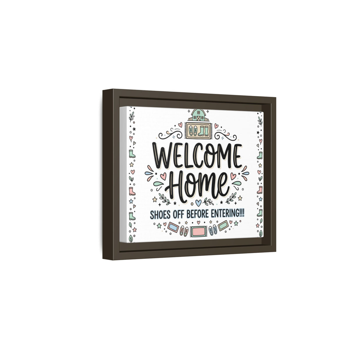 Framed matte canvas wall art with “Welcome Home” lettering and decorative icons