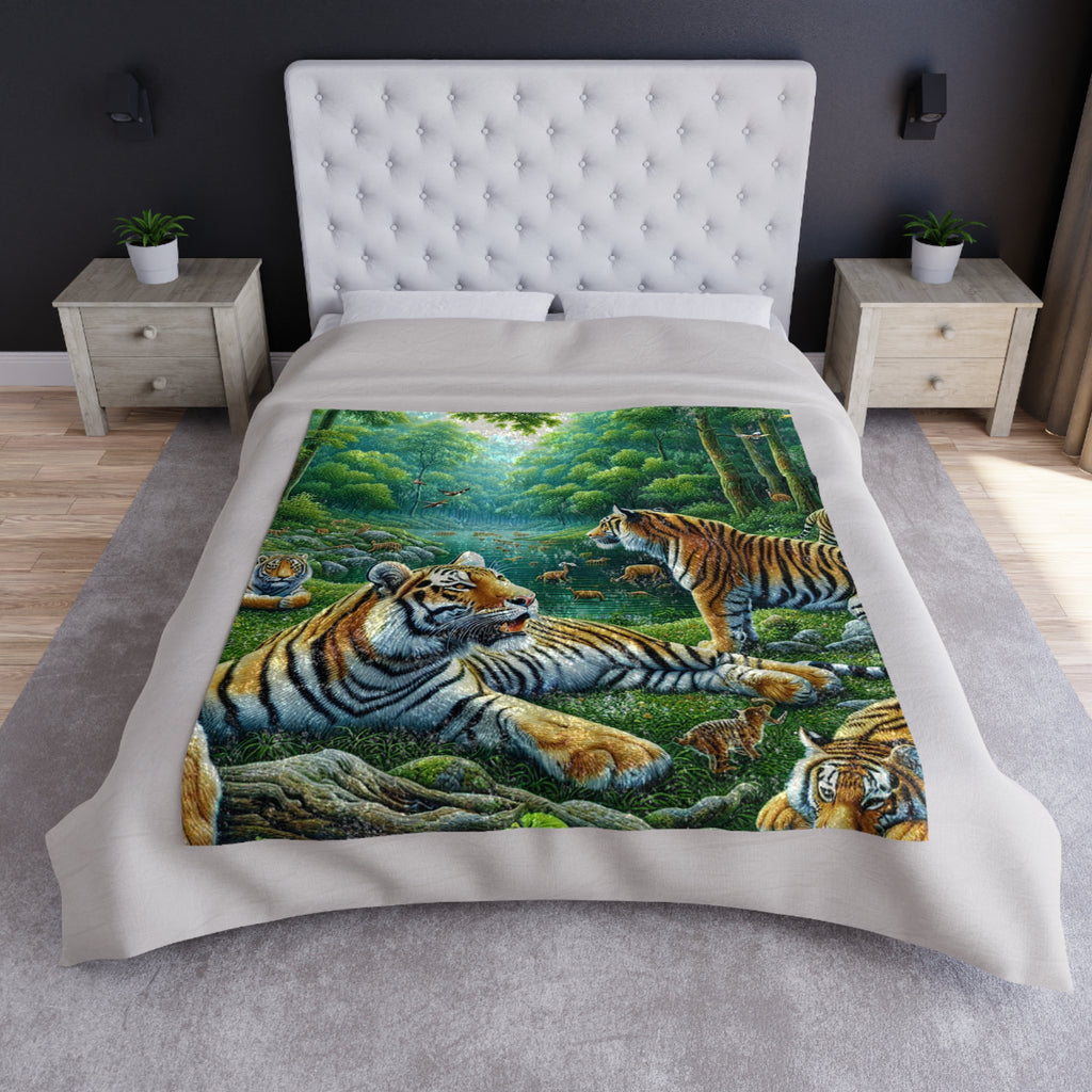 Crushed velvet blanket on bed with jungle tigers print in green and tan