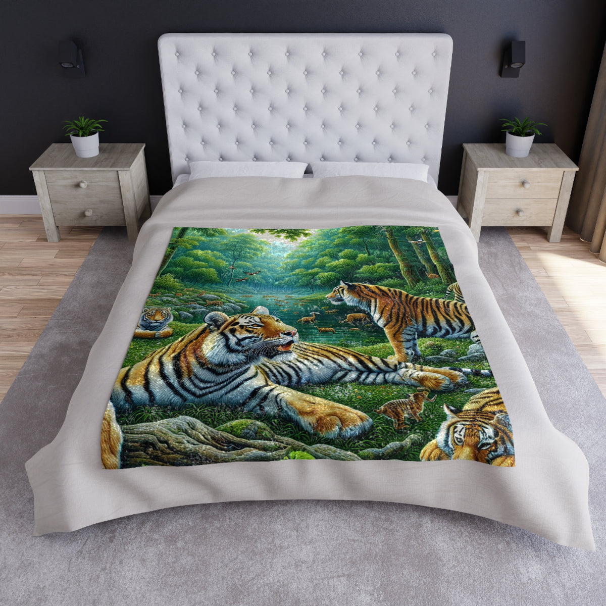 Crushed velvet blanket on bed with jungle tigers print in green and tan