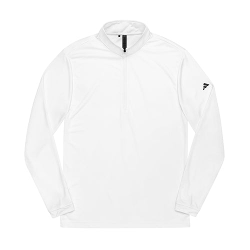 White quarter-zip pullover with high collar, full sleeves, adidas logo on sleeve