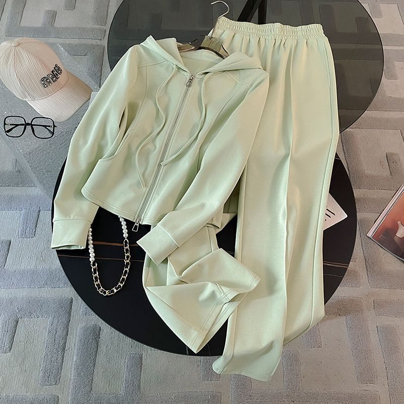 Light mint hooded open-front zip top with wide-leg drawstring pants set