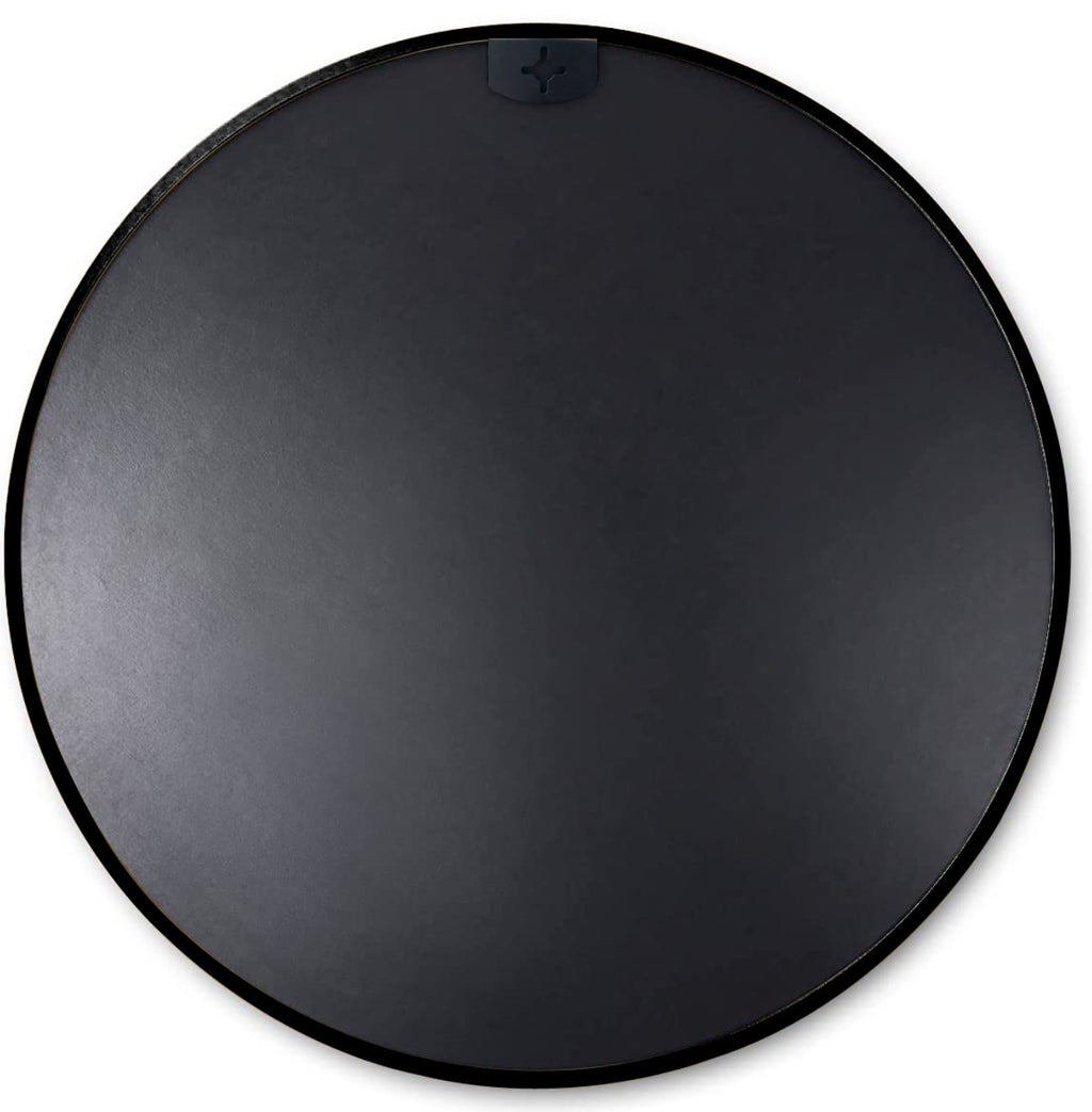 Round bathroom mirror back with dark finish and central mounting connector plate
