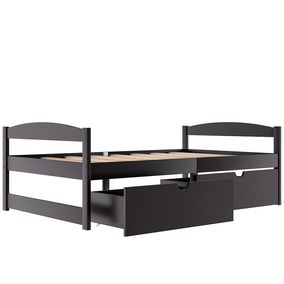 Twin platform bed with two drawers, espresso dark finish, slat-style support