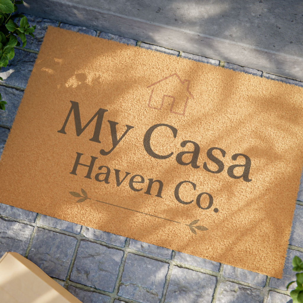 Tan coir doormat with 'My Casa Haven Co.' lettering