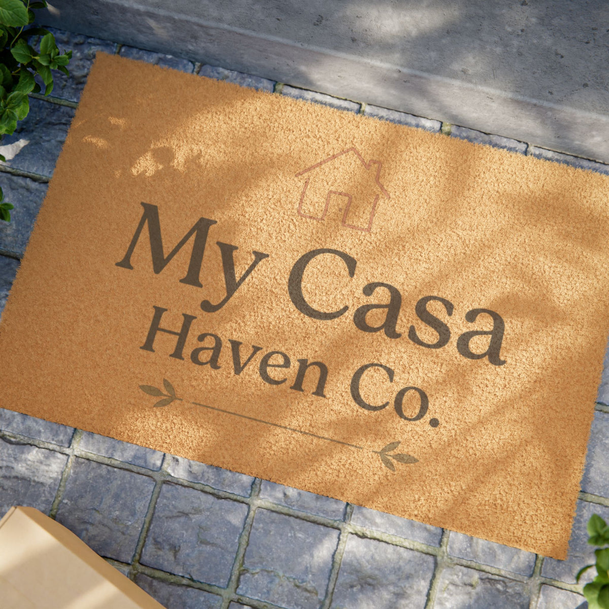 Tan coir doormat with 'My Casa Haven Co.' lettering