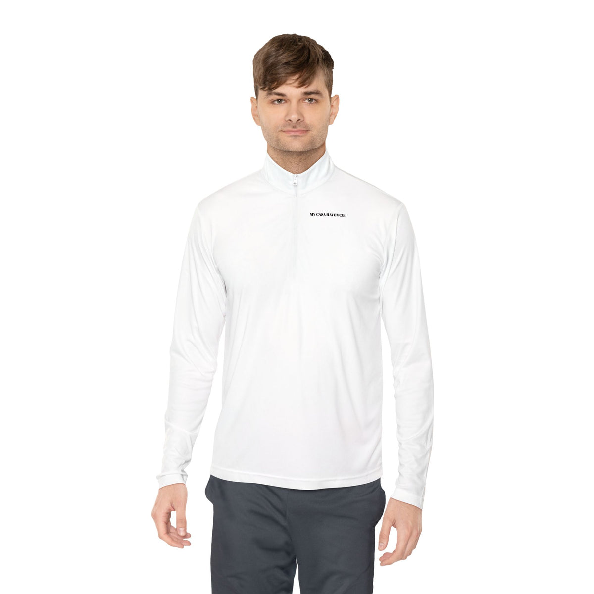White unisex quarter-zip pullover on model, front view with long sleeves