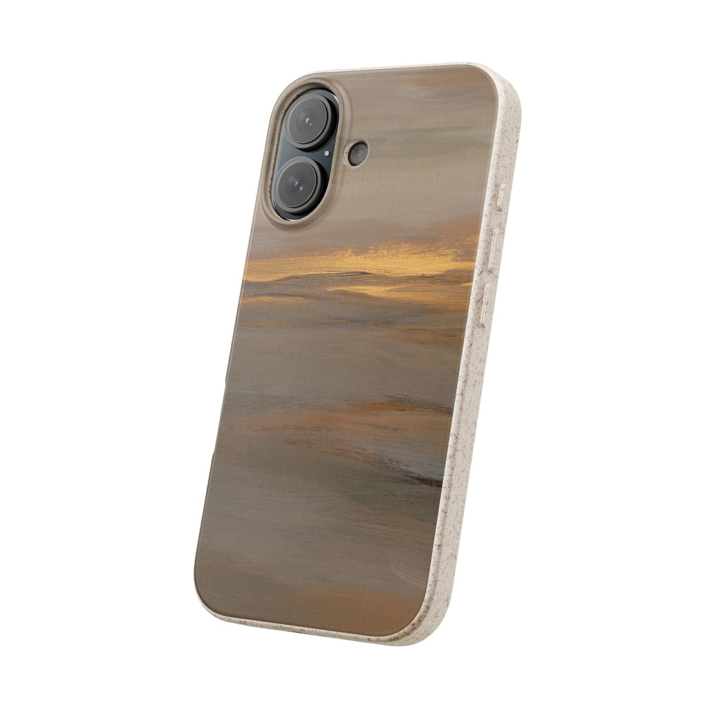 Biodegradable phone case with brown landscape art, angled back view, camera openings