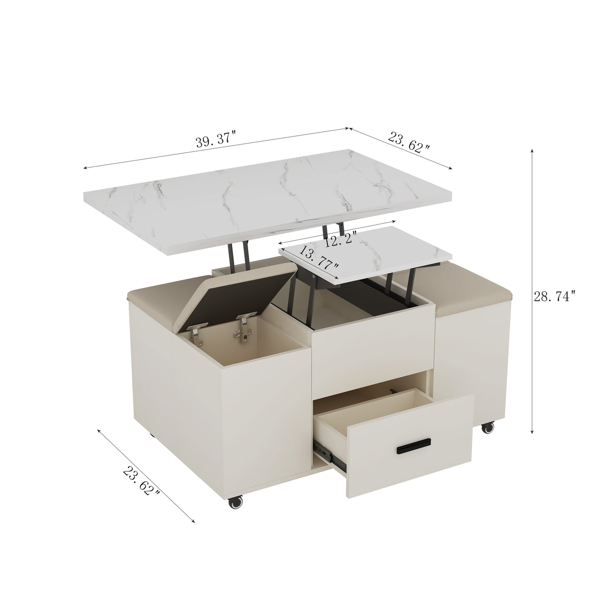White lift-top coffee table with open compartments, two drawers, and dimensions shown