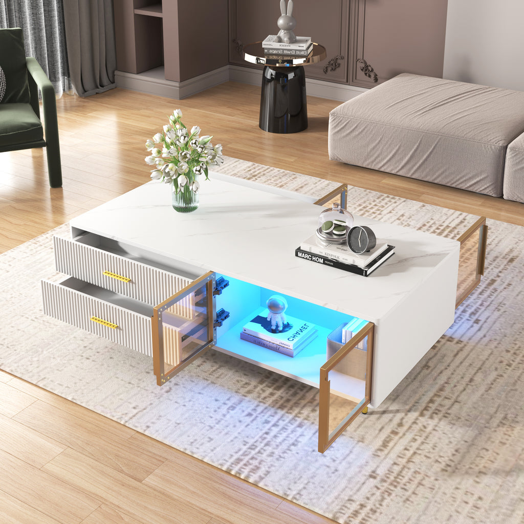 White coffee table with open side glass display, drawers, gold legs, blue light