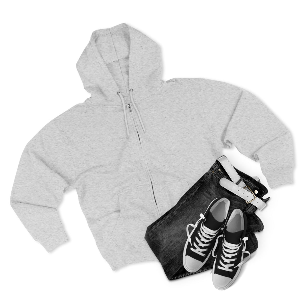 Heather grey zip hoodie with drawstring hood and full front zipper
