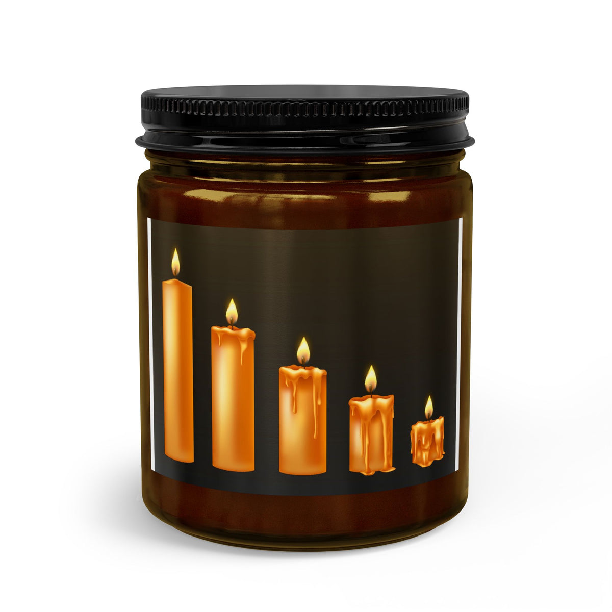 Amber glass candle jar with multiple lit pillar candles in warm amber wax