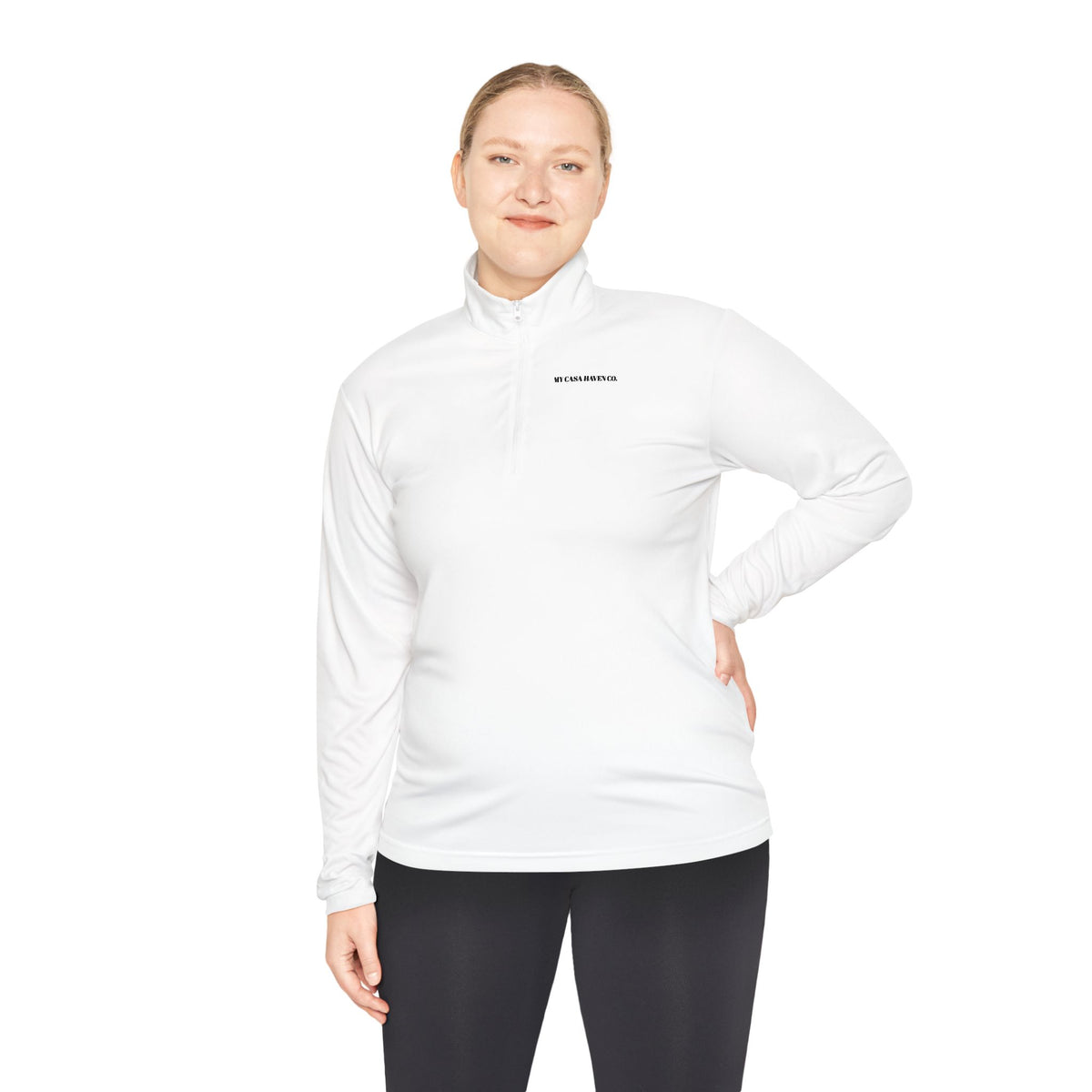 White unisex quarter-zip pullover on model, stand collar and long sleeves