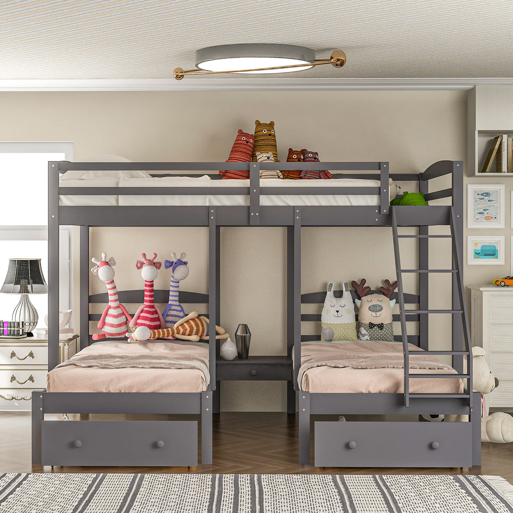 Gray triple bunk bed with ladders, side rails, and three mattress decks