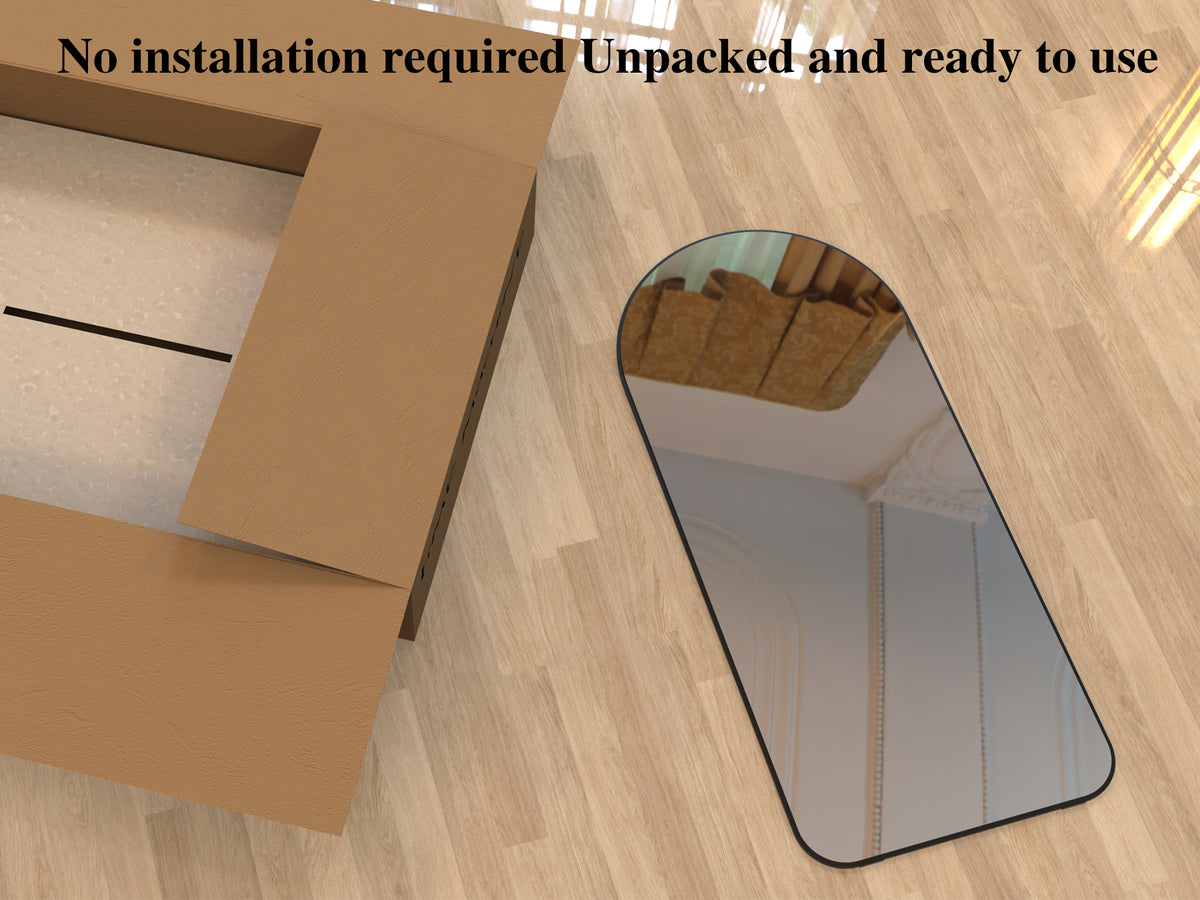 Standing floor mirror with dark frame on wood floor, ready to use