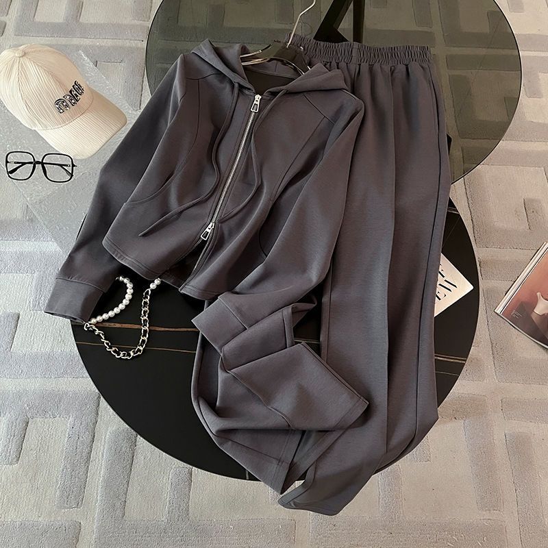 Charcoal gray hooded open-front zip top with wide-leg drawstring pants set