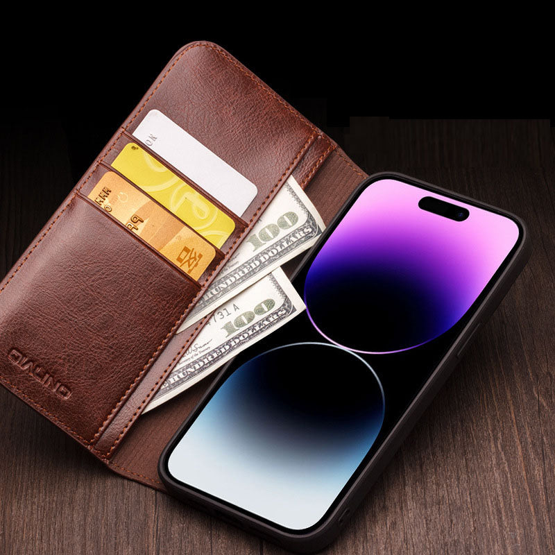 Brown leather flip case with card holder slots and open front cover