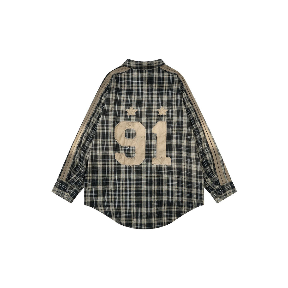 Plaid shirt jacket with large 91 graphic on back, long sleeves, button-up
