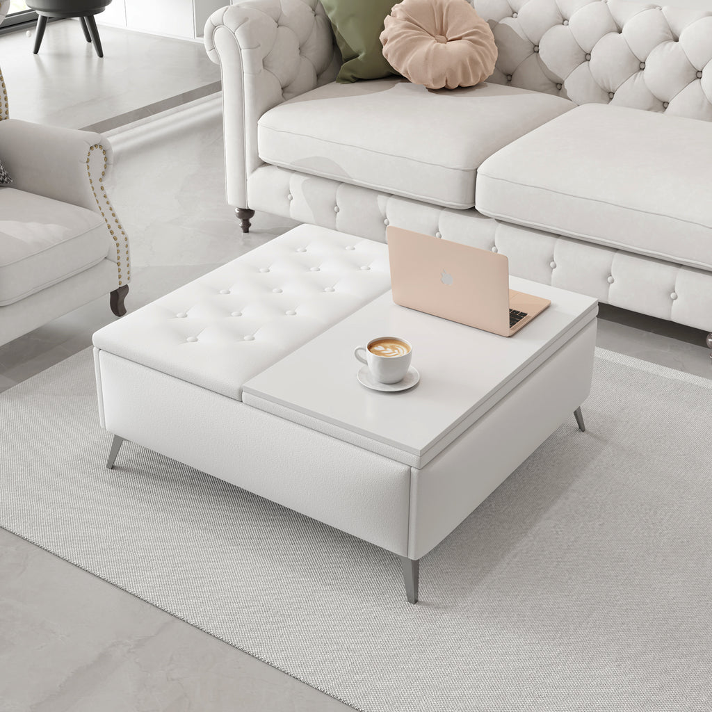 White lift-top storage ottoman with tufted lid and open compartment for storage