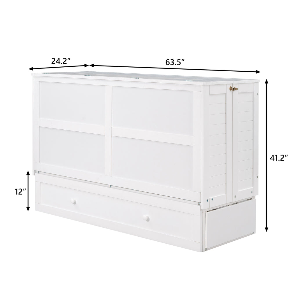 White Murphy bed cabinet front with drawer panel and side storage compartments