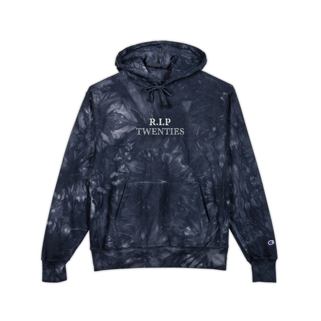 Navy tie-dye unisex hoodie with embroidered "R.I.P TWENTIES", drawstring hood, front pocket