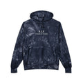 Navy tie-dye unisex hoodie with embroidered "R.I.P TWENTIES", drawstring hood, front pocket
