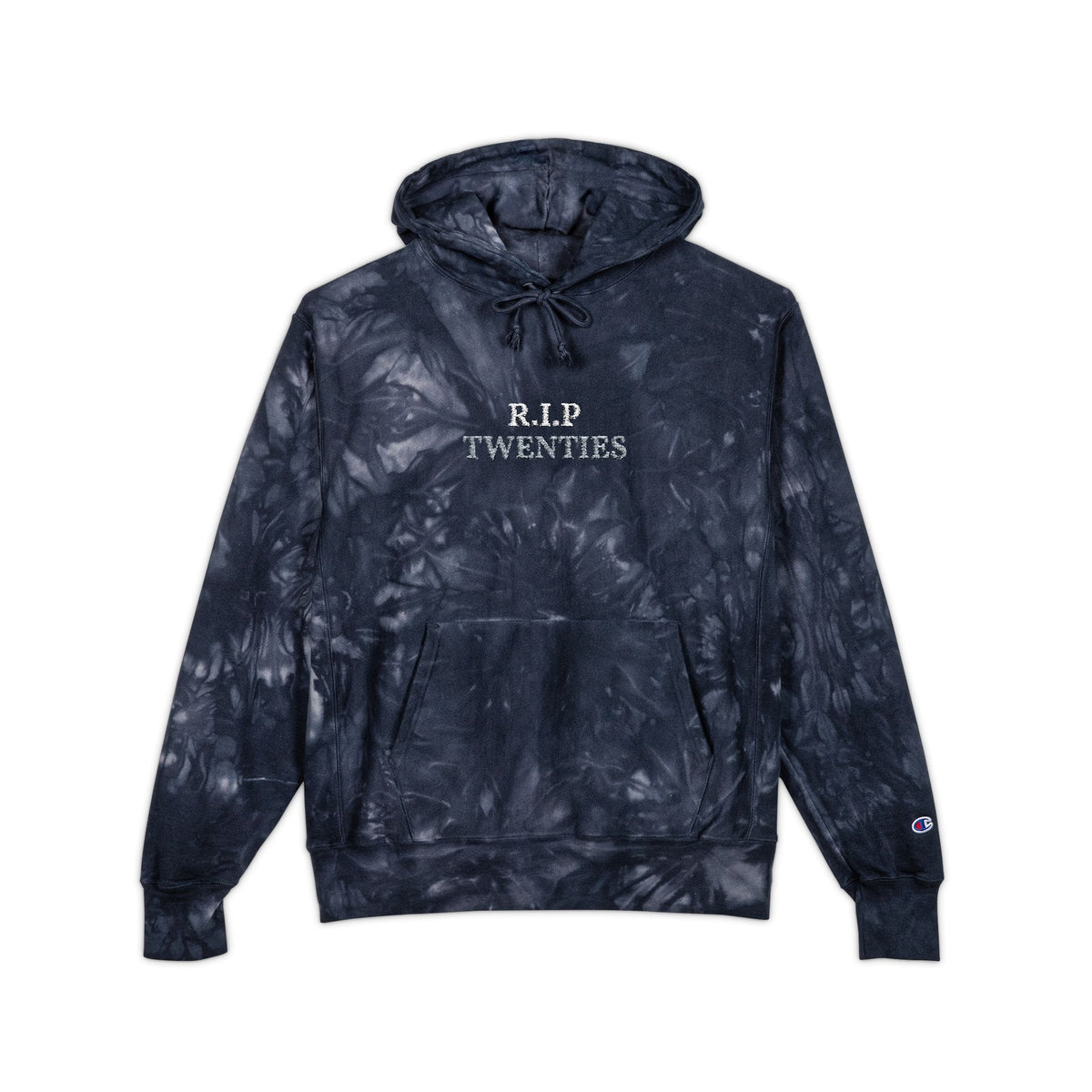 Navy tie-dye unisex hoodie with embroidered "R.I.P TWENTIES", drawstring hood, front pocket