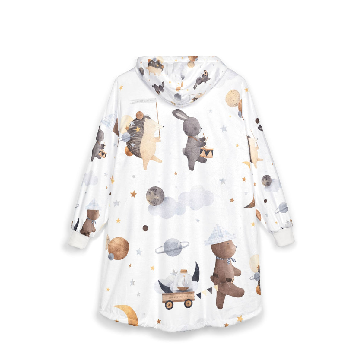 White unisex hooded blanket, back view, space animal print, long sleeves