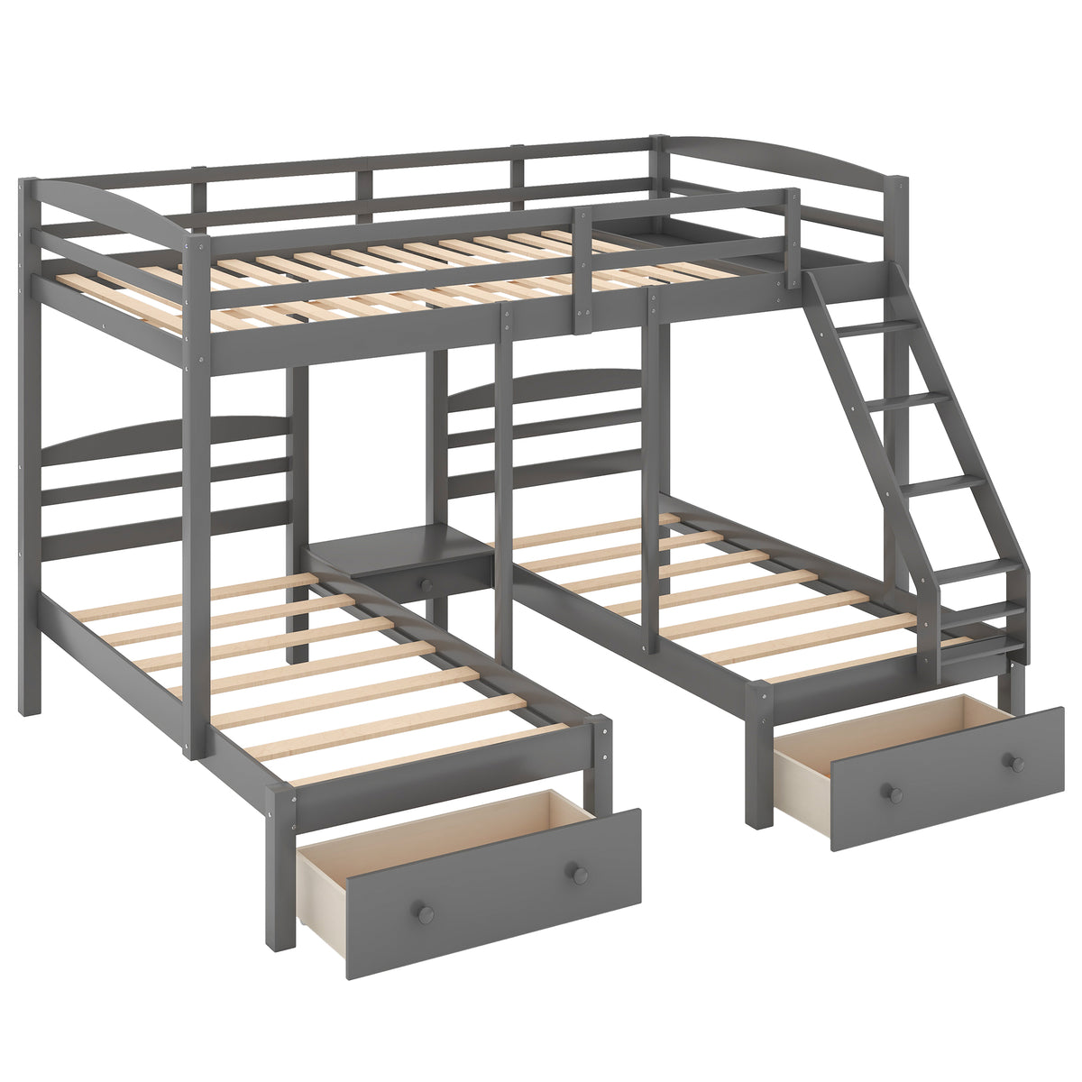 Gray triple bunk bed with drawers, guard rails, and exposed mattress support slats